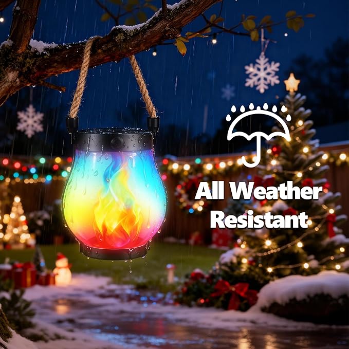 Halloween Solar Flame Lantern Hanging Outdoor Waterproof Purple - 2 Pack Flame Lanterns with Dual Charging Modes of Solar & USB for Garden or Yard Halloween Decorations (Multicolor - 1 Pack)
