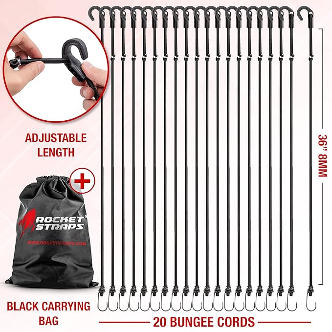 Rocket Straps - Ultimate Adjustable Outdoor Bungee Cord Assortment - Heavy Duty Set of 20 Bungee Cords (36") Double-J Hooks - Elastic Straps for Camping, Securing, and DIY Multipurpose