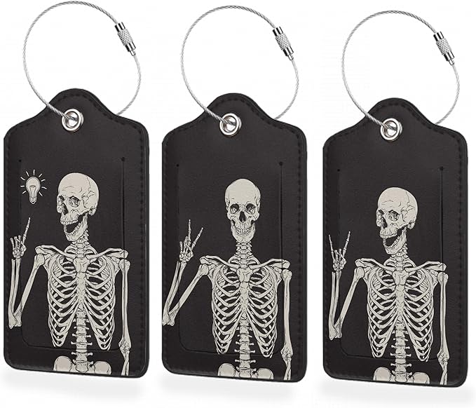 3 Pack Luggage Tag for Suitcase,Rock Roll Skeleton Leather Luggage Tags with Privacy Cover Name ID Label Identifiers Travel Bag Tags for Women Men Boys Girls