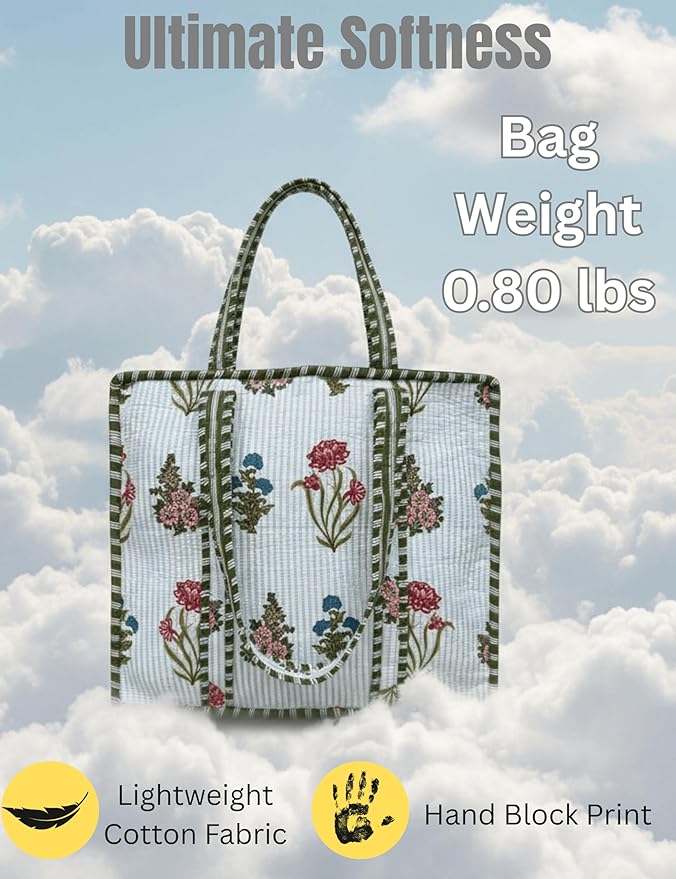 Cotton Quilted Tote Bag for Women – Large Beach & Travel Tote with Zipper, Reusable Grocery Bag