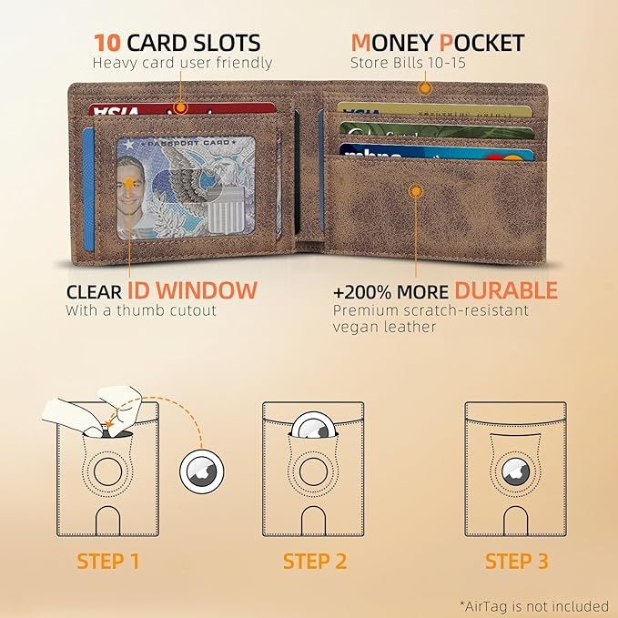 RUNBOX AirTag-Wallet-Mens-Slim-RFID Blocking Wallets Leather with Bill Compartment Air Tag Bifold Card Holder Wallet Gifts for Men Dad