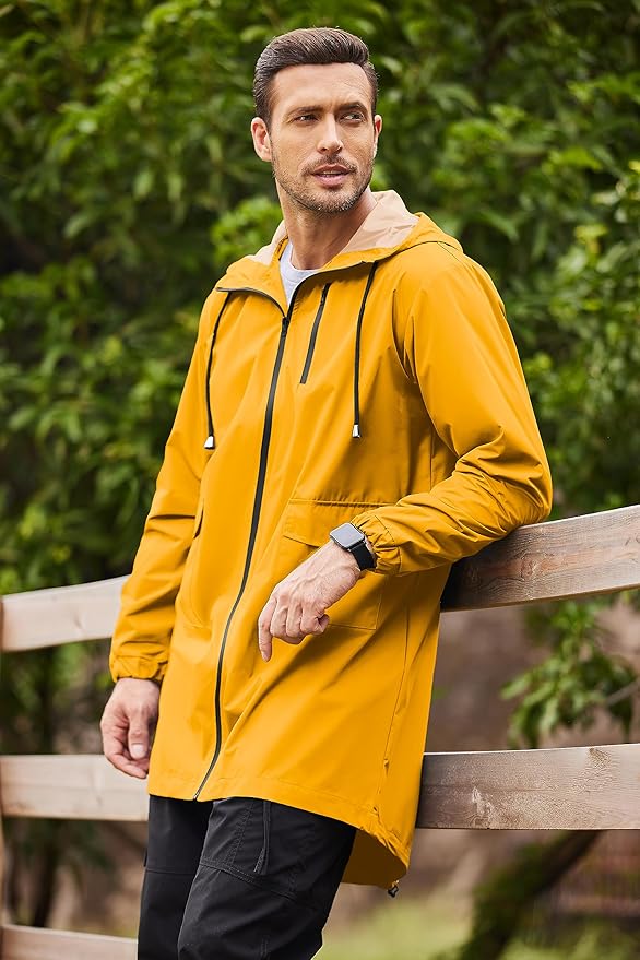 COOFANDY Men's Long Raincoat Ligtweight Rain Jacket Waterproof Outdoor Jackets with Hood