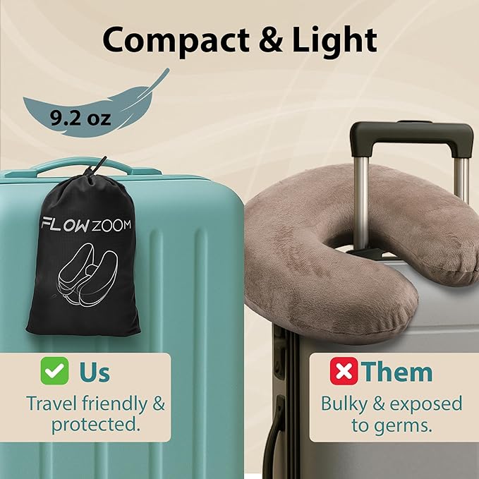 Air Inflatable Neck Pillow for Traveling on Plane - H-Shape Hooded Airplane Pillow with 5 Snooze Modes, Fast Inflation, Pressure Control, Cozy Clip-On Hood & Plushy Cover - Size L, Jet Black