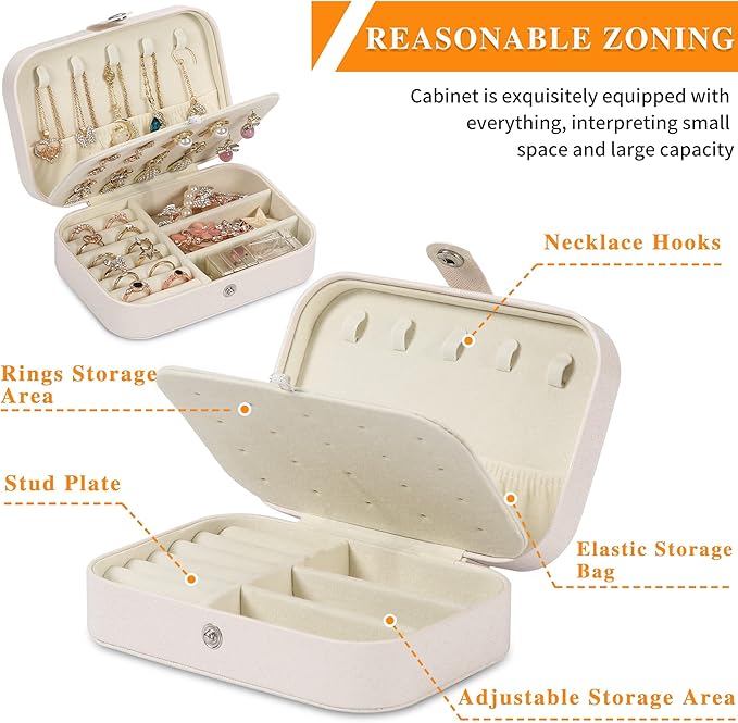 Travel Jewelry Box, PU leather Small Jewelry Organizer For Female Girls, double layer portable mini travel case for storing earrings, rings, necklaces.(white 2pcs)