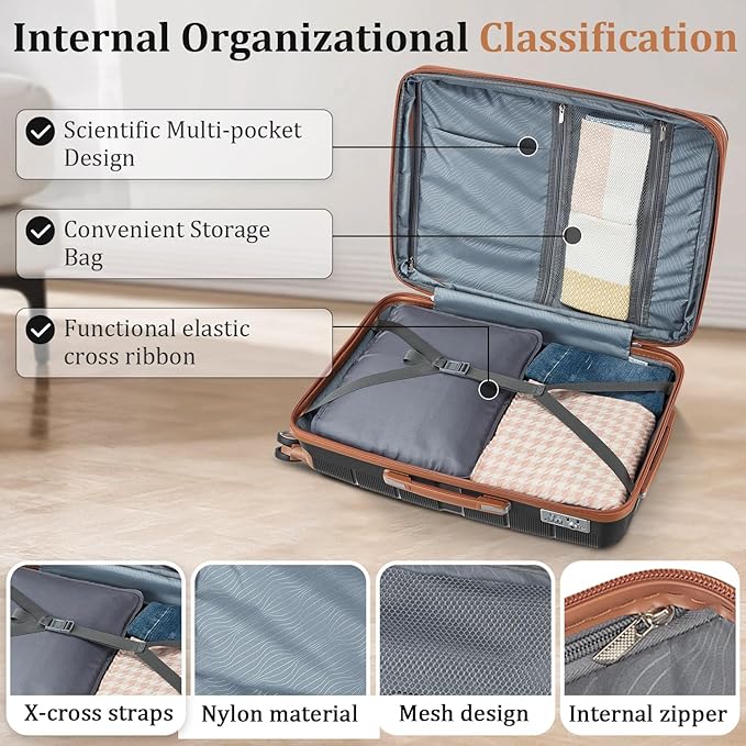 Campfun Luggage 4 Piece Sets, Expandable Carry On Luggage Set Hardshell PP, Suitcase Set with Double Spinner Wheels, Checked Durable Lightweight with TSA Lock, 14in 20in 24in 28in-Black Brown(A)
