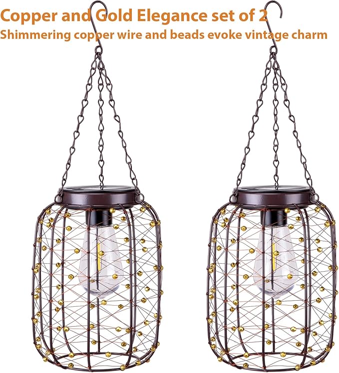 Hanging Solar Lanterns Outdoor Waterproof, Vintage Copper Hanging Lantern Lights for Outside, Solar Chandelier Outdoor Idea for Yard Garden Pathway Gazebo Pergola Porch Decor, 2 Pack