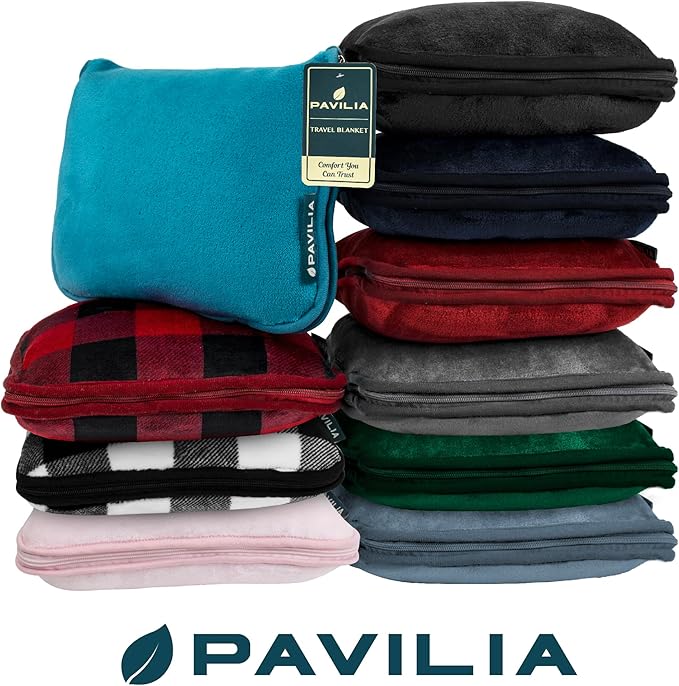 PAVILIA Travel Blanket Pillow, Soft Airplane Blanket 2-IN-1 Combo Set, Plane Blanket Compact Packable, Flight Essential Car Pillow, Travelers Gift Accessories Luggage Backpack Strap, 60x43 Checker Red