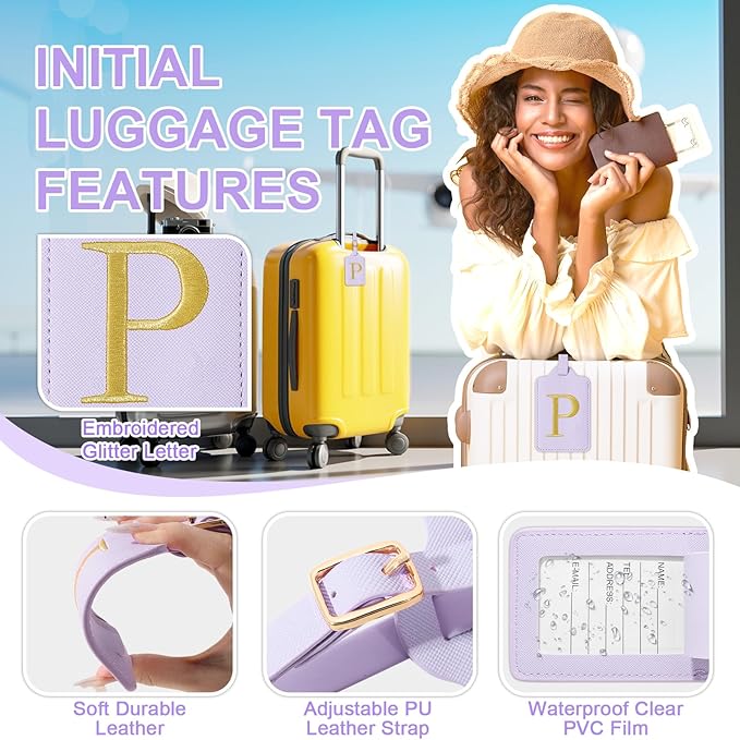 Personalized Initial Luggage Tags for Suitcase, Purple Leather Cute Luggage Tags with Privacy Cover Name Card, Embroidered Custom Monogrammed Luggage Tag Travel Backpack Tags Gifts for Women Kids(P)