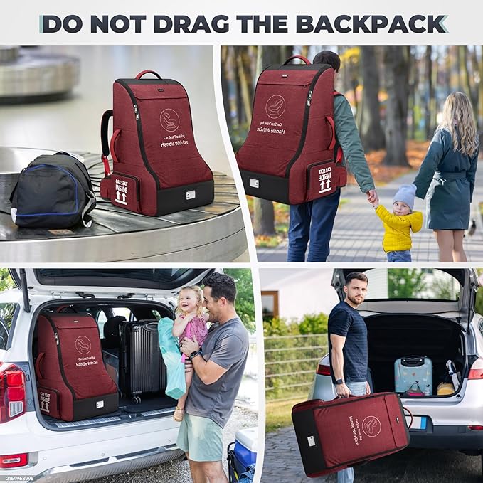 RAINSMORE Padded Car Seat Travel Bag for Airplane Heavy Duty Car Seat Backpack for Air Travel Baby Carseat Cover Bags for Airport Large Car Seats Carrier Fits Car Seats & Booster Seats,Red