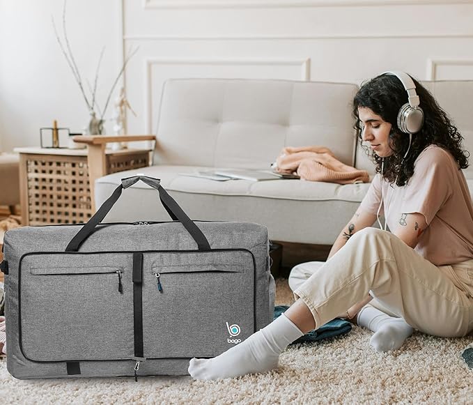 Bago Large Foldable Duffel Bags for Traveling Women & Men - 100L Packable Duffle Bag for Travel with Shoe Compartment - Water Repellant, Heavy Duty, Lightweight Folding & Collapsible (SnowGray)