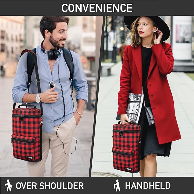 Opux 2 Bottle Wine Tote Carrier, Insulated Cooler Bag for Travel Picnic, Leakproof Padded Case, Wine Gifts for Women & Men, Plaid Buffalo Red
