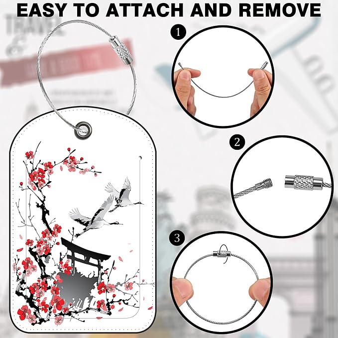 Japanese Cherry Blossoms Storks Leather Luggage Tag for Suitcase 2 Pack Luggage Tag with Privacy Name ID Label and Stainless Steel Loop for Travel Bag Suitcase