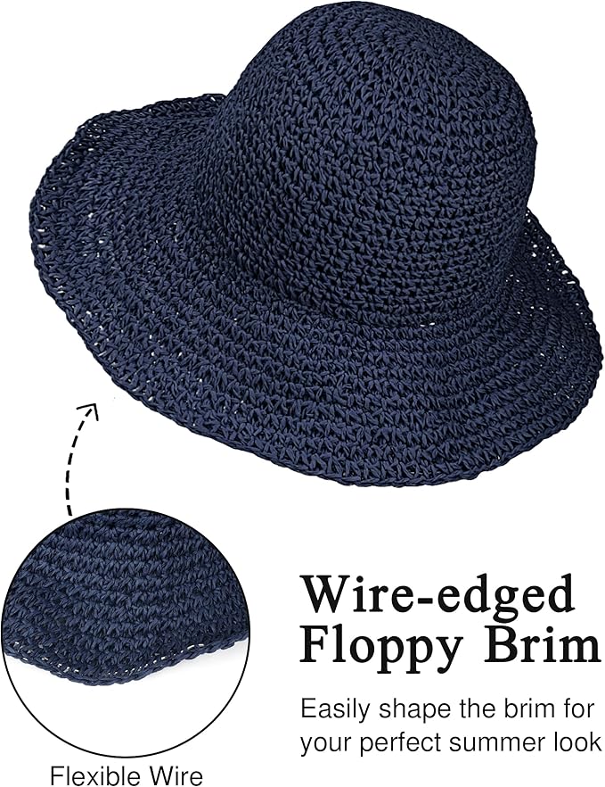 Womens Wide Brim Straw Sun Hat Foldable Floppy Crochet Beach Hat for Summer
