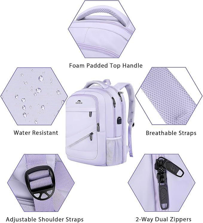 MATEIN Extra Large Laptop Backpack Women, 50 L Carry On Work Travel Bag with USB Port and Anti Theft Pocket, Water Resistant College Backpacks Fit 18.4 In Notebook Computer, Purple