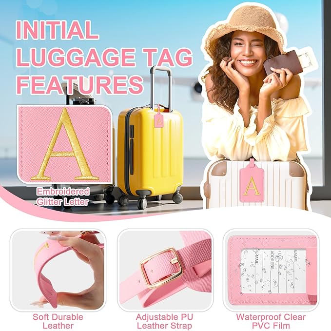 Personalized Initial Luggage Tags for Suitcase, Pink Leather Cute Luggage Tags with Privacy Cover Name Card, Embroidered Custom Monogrammed Luggage Tag Travel Bag Baggage Tags Gifts for Women Kids(A)