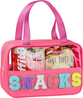 Snack Bag for Travel - Chenille Letter Clear Makeup Bag, Large Preppy Patch Snack Cosmetic Bag with Handle and Zipper, Cute Makeup Pouch Nylon&PVC Waterproof Toiletry Organizer Storage for Women Girls