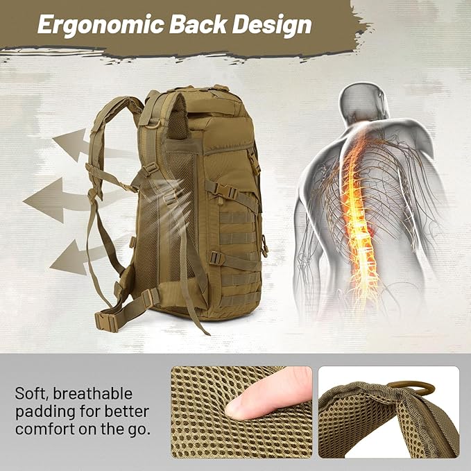 50L Tactical Backpack for Men and Women, Water-Resistant Molle Rucksack, Large Military Assault Pack for Hiking, Hunting, Camping, Gym & Outdoor Survival Khaki