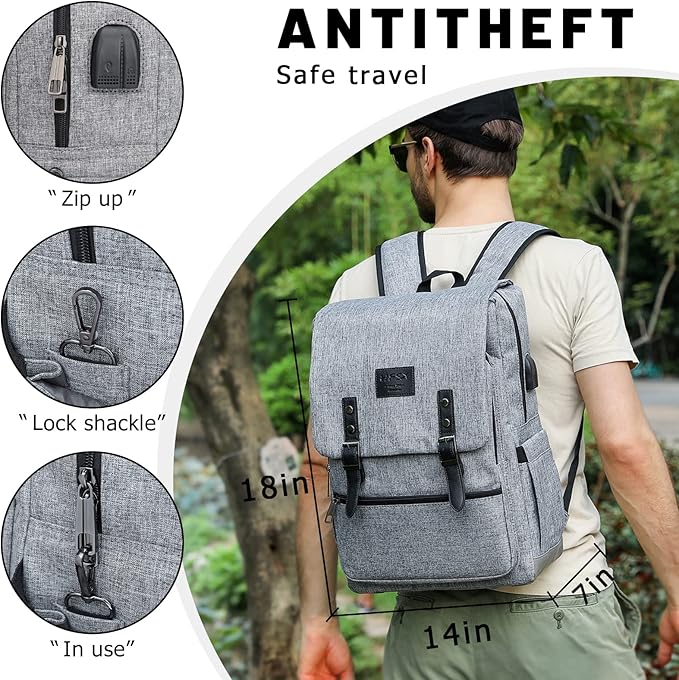 HFSX Vintage Backpack Anti Theft Laptop Backpack Men Women Business Travel Computer Backpack College Bookbag Stylish Water Resistant Vintage Backpack with USB Port Fits 15.6 Inch Laptop Grey
