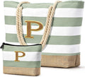 Becokan Beach Bag Initial Beach Tote with Makeup Bag for Travel Work Storage Personalized Birthday Gifts for Women Her