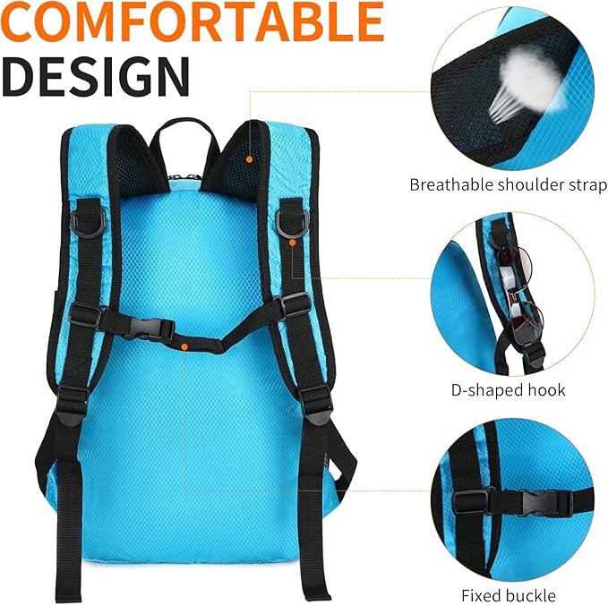 Small Hiking Daypack,15L Waterproof Hiking Backpack Packable Lightweight Travel Day Pack for Women Men (Blue, Small)