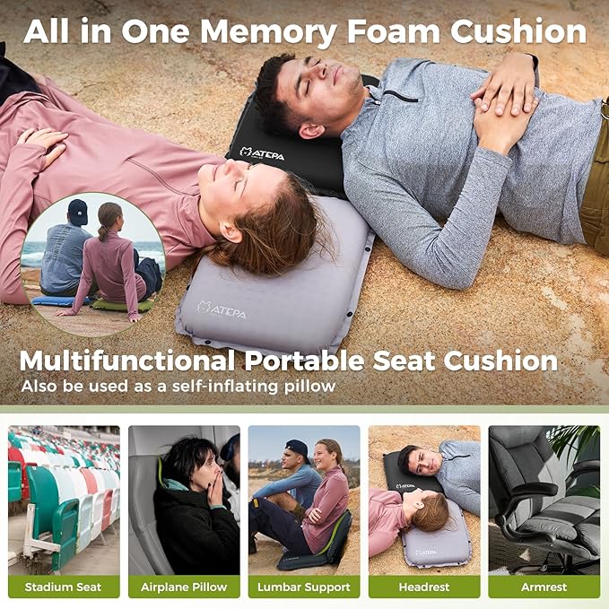 ATEPA Inflatable Stadium Seat Cushion, Self-Inflating Memory Foam Stadium Seats Bleacher Seat Chair Cushion Pad for Airplane Travel Backpacking Sports Events