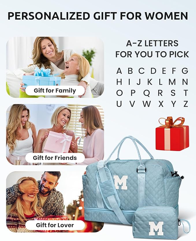 Gifts for Teen Girls-Initial Duffle Bag with Shoe Compartment, Personalized Weekender Bag, Monogram Overnight Bag, Travel Bag with Makeup Bag，Birthday Gift Graduate Gifts for Her (Letter H)