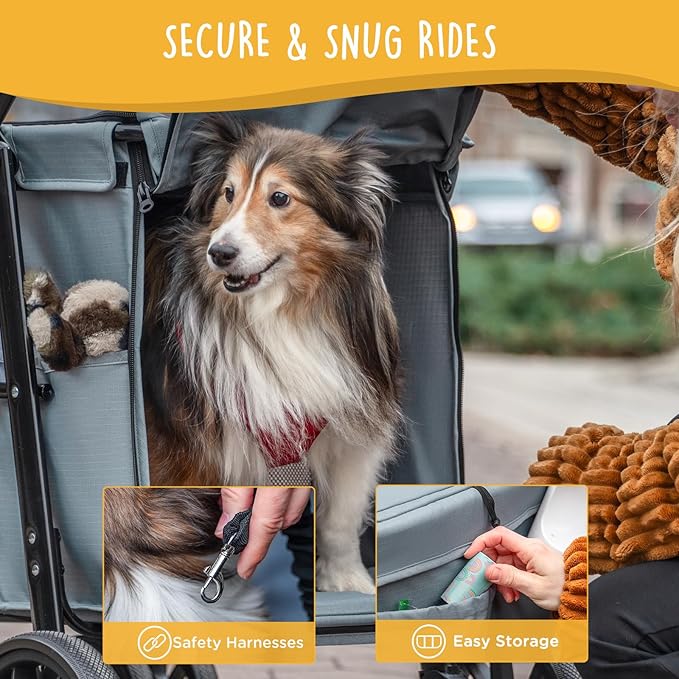 Scout Pet Stroller, 4-Wheel Design for Small/Medium Dogs - One-Button Fold, Adjustable Mesh Windows & Shades, 360° Swivel Front Wheels, Rear Wheel Brake for Safety