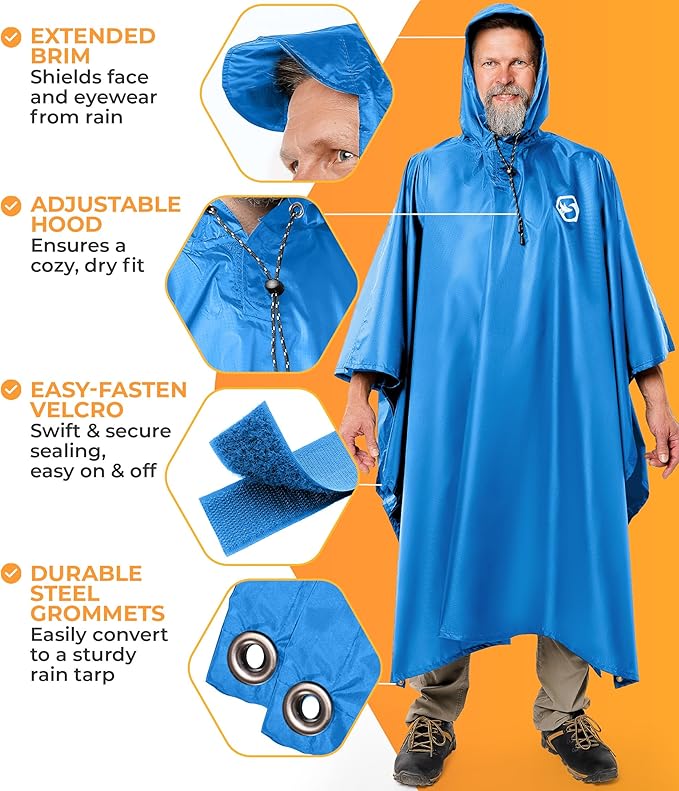 Foxelli Rain Poncho for Adults – Extra Long Reusable Waterproof Raincoat with Hood, Lightweight for Hiking, Camping, Outdoors