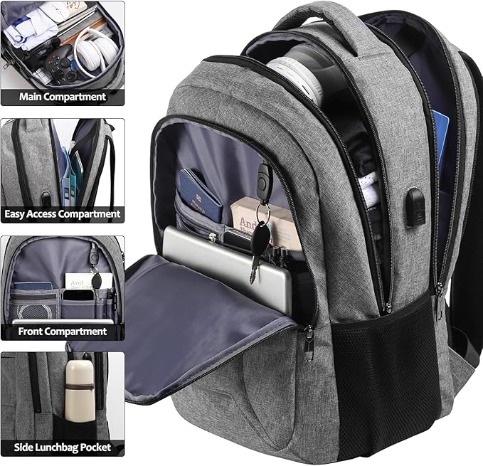 BIKROD Laptop Backpack for Men and Women, 17 Inch Large School Backpacks for Teens, Business Anti Theft Durable Travel Back Pack, Water Resistant Computer Bag with USB Charging Port, Grey