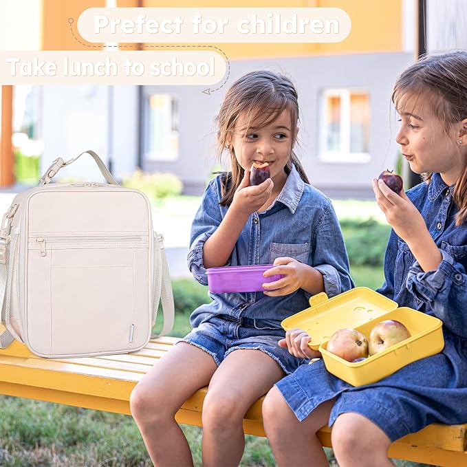 NOL Nylon Waterproof Kids Lunch Bag, Insulated Lunch Bag, Lunch box Cooler, Reusable, Zip Closure with Buckle Handle Holds Lunch Box, Snacks & Water Bottle for School Work, Cream