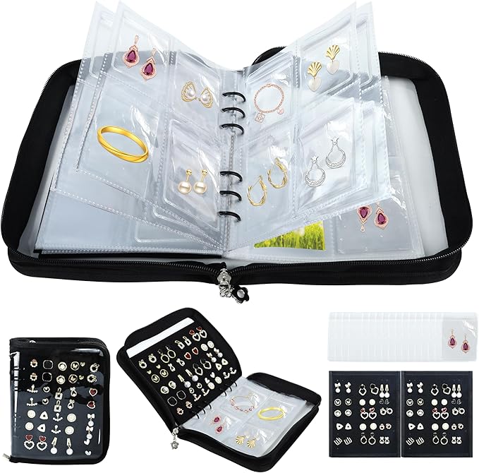 Meneng Earring Travel Case Organizer: Transparent Jewelry Storage Book with 20 PVC Pages + 2 Velvet Sheets - Crush Proof Jewelry Binder for Bloggers