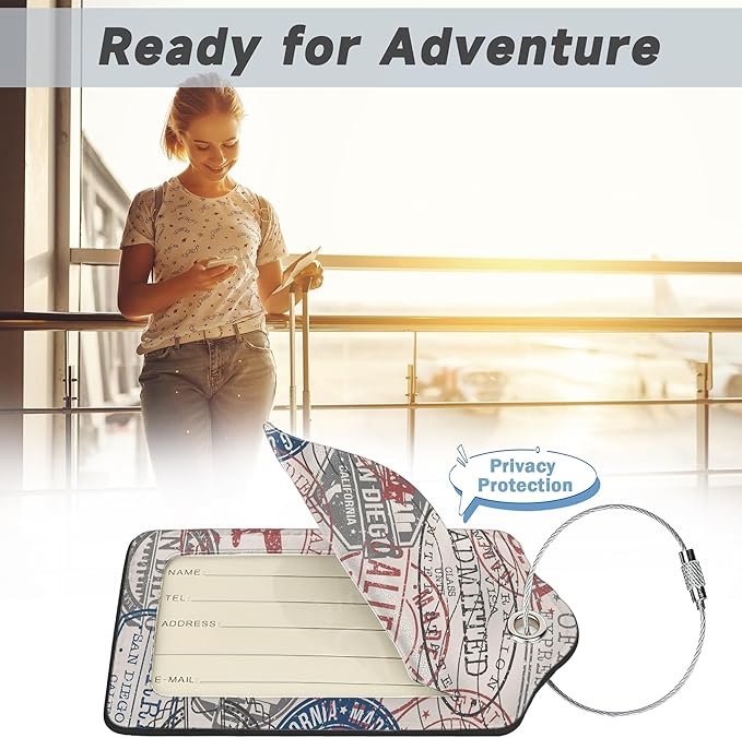 Set of 2 Luggage Tags for Suitcases, Leather Passport Travel Stamps Baggage Tags with Stainless Steel Loop, Privacy Name ID Card Cover Kawaii Travel Labels for Women Men Kids Girls