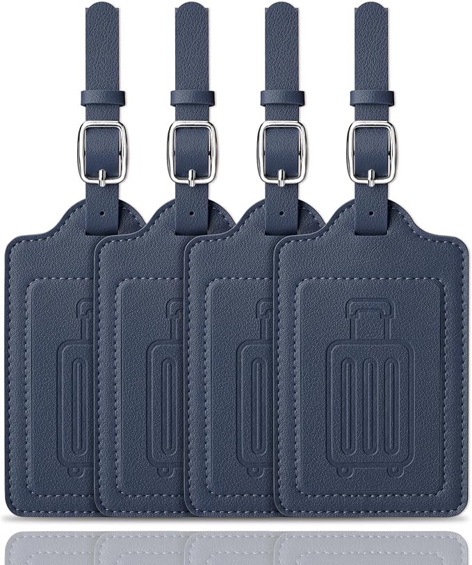Teskyer Luggage Tags for Suitcases, TSA Approved with Privacy Protection Cover, Premium Faux Leather Bag Tags for Travel - 4 Pack, Blue