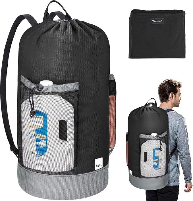 BALEINE 120L Laundry Bag Backpack, 900D Oxford Fabric Large Travel Laundry Bags with Shoulder Straps and 2 Mesh Pockets for College Dorm, Apartment, Laundromat (Black, 120L)