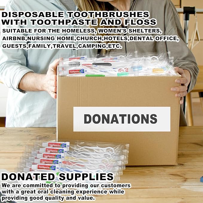 Disposable Toothbrushes with Toothpaste and Floss,10pcs Single Use Individually Wrapped Disposable Travel Toothbrushes and Dental Floss Kit Bulk for Homeless,Airbnb,Dentist,Hotel(5 Colors)