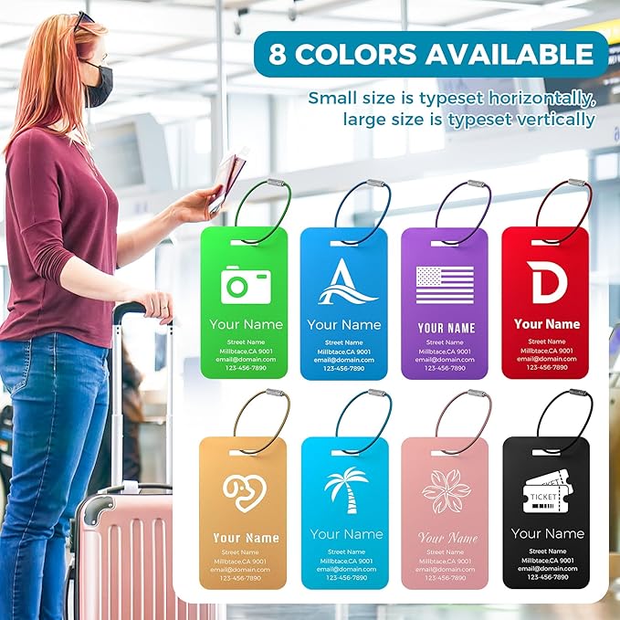Personalized Luggage Tags, Custom Luggage Tags 4 Pack TSA Approved Double Sided Laser Engraving, Metal Luggage Tag for Suitcases with Stainless Loops, Name Tag for Bags, Backpacks (Lake Blue)