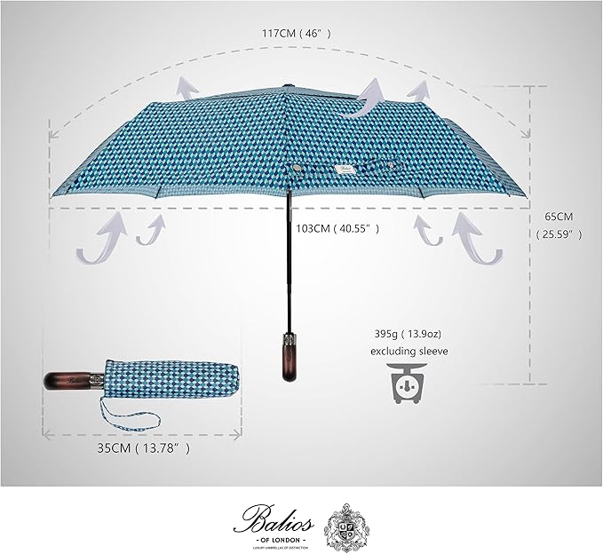 Balios Travel Folding Umbrella with Real Wood Handle Auto Open Close Vented Windproof Canopy - Designed in UK