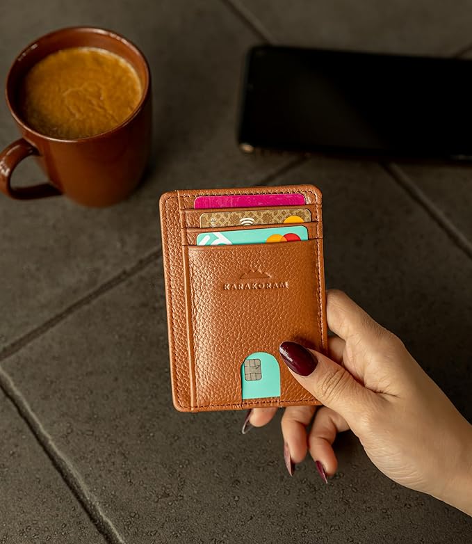 KARAKORAM Vertical Handcrafted Premium Leather Front Pocket Credit Card Holder with RIFD Protection | Artisan Made Slim Leather Wallet | Finger Glide Slots for Cards and ID (Rocky Terrain Brown)