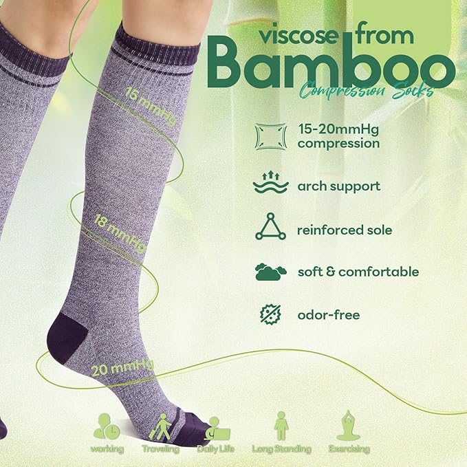 Mens Compression Socks for Men Women, 15-20 mmHg Bamboo Viscose Knee High Soft Support for Travel Daily