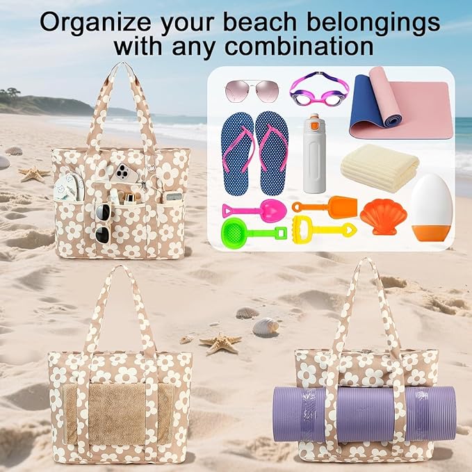 LEDAOU Beach Bags for Women, Beach Bags Waterproof Sandproof, Packable Beach Tote Bag with Zipper Travel Sports