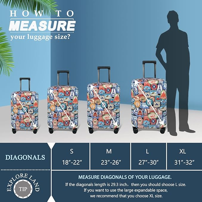 Explore Land Travel Luggage Cover Suitcase Protector Fits 18-22 Inch Case (Landmark Sticker, S)