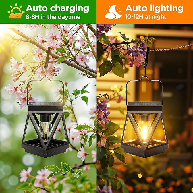 KOOPER 2 Pack Solar Lanterns Outdoor Waterproof, Upgraded Black Metal Hanging Solar Lights Outdoor Lanterns Decorative for Yard Patio Table Pathway Garden Decor