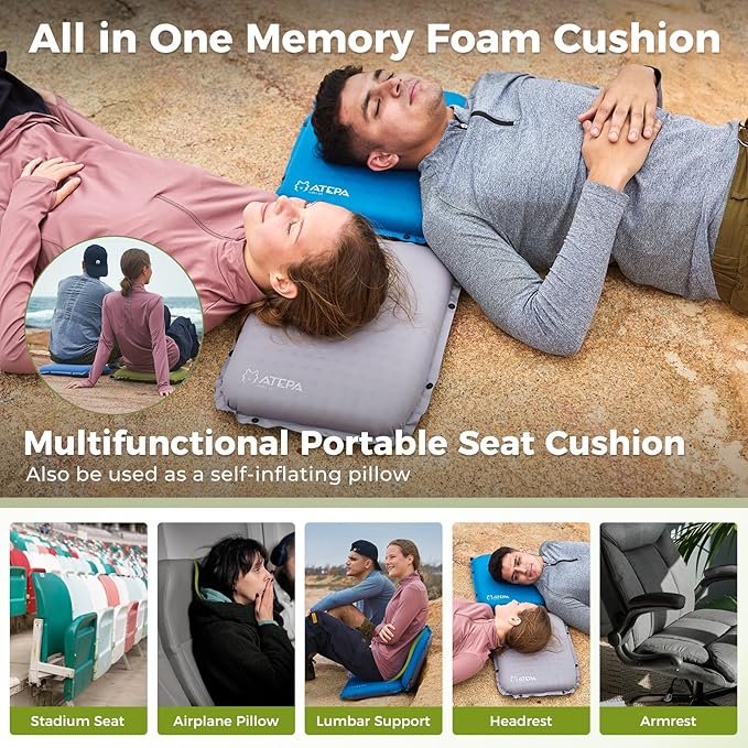 ATEPA Inflatable Stadium Seat Cushion, Self-Inflating Memory Foam Stadium Seats Bleacher Seat Chair Cushion Pad for Airplane Travel Backpacking Sports Events