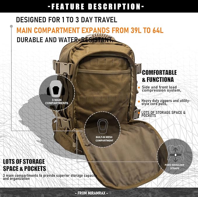 Tactical Backpack Military Backpacks for Men Army Expandable 3 Day Assault Pack Molle Backpacks Bug Out Bag for Camping Hiking Rucksack Fishing