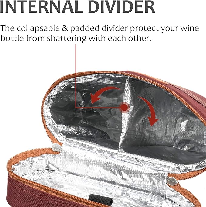 Tirrinia 2 Bottle Wine Gift Tote Carrier - Leakproof & Insulated Padded Versatile Wine Cooler Bag for Travel, BYOB Restaurant, Wine Tasting, Party, Dinner, Gift for Wine Lovers, Red