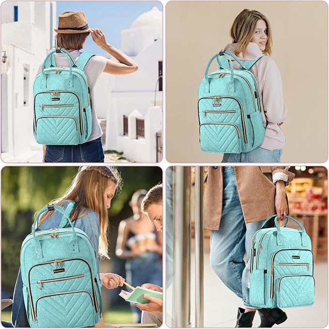 Laptop Backpack for Women, High School Bookbag for Girls with USB Port Charging, 15.6 Inch Water Resistant Computer Bag for Work, Travel College Back Pack Purse Gifts for Student Teacher, Light Green