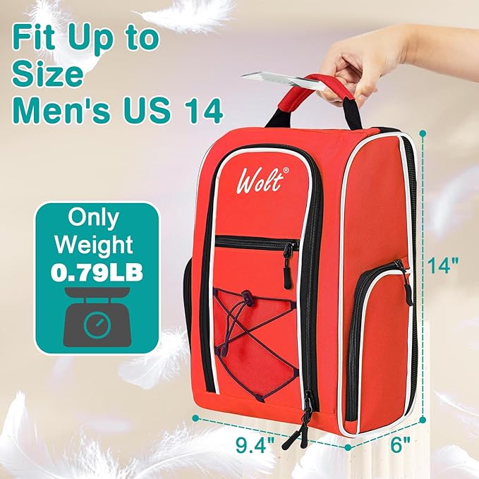 Wolt Golf Shoe Bag - Sports & Travel Shoes Carrier Bags with Ventilation & Double Outside Accessory Pocket for Socks, Tees, Golf Balls, etc. for women and men (Red)