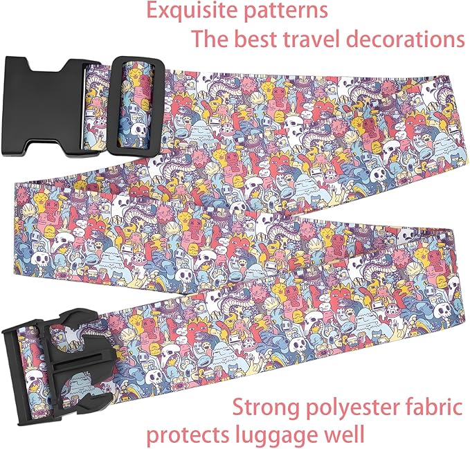 Monsters Luggage Straps for Suitcases, Adjustable Luggage Travel Belt to Keep Luggage Security While Travel, Strong Polyester Fabric, Easy-to-Recognize Funny Pattern Travel Essentials, 2 Pack
