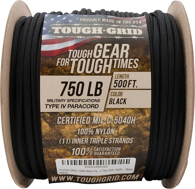 TOUGH-GRID 750 Paracord Rope Nylon Parachute Cord, Made in USA Survival Kit, Outdoor Adventures, Camping, Tactical Gear & Emergency Supplies, Military Type IV Mil-Spec