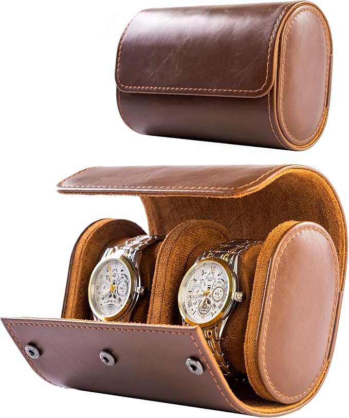MR.OKAY 2 Watch Travel Case-Classic Leather Watch Case With Superb Texture.Portable Watch Roll Or Organizer For Storage And Display. Travel Gift for Men, All Handmade By Leather Craftsmen.